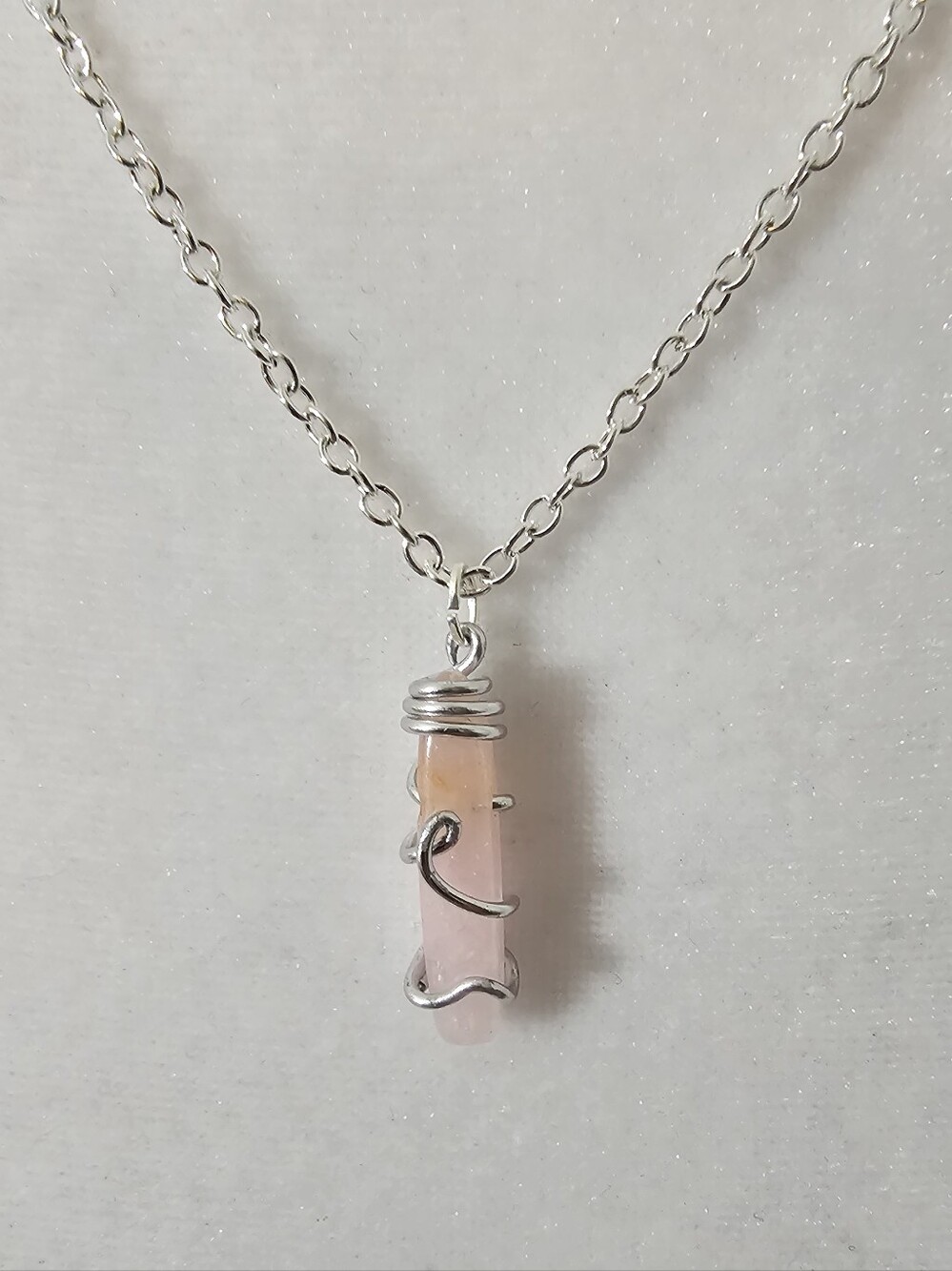 Classic Silver Cable Chain Necklace With Wire Wrapped Pink Stone Pendant